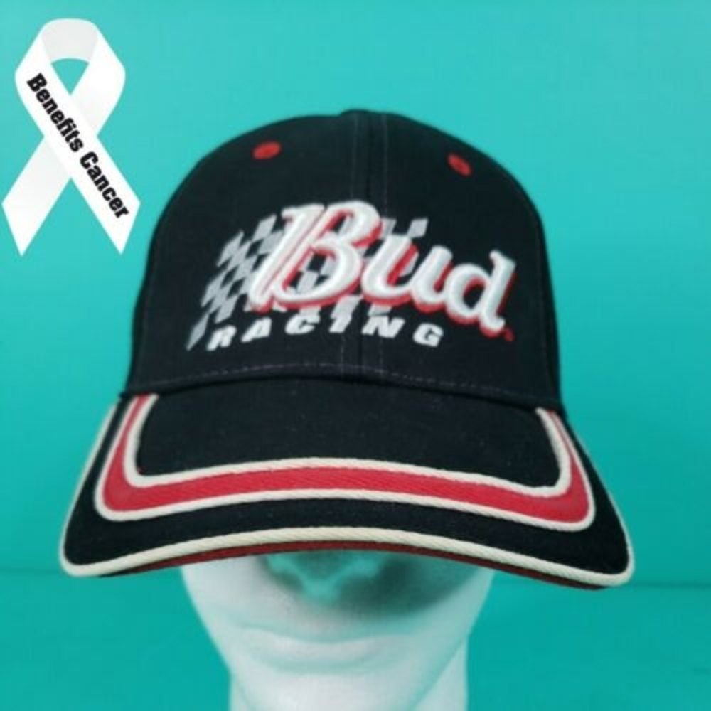 Vintage L XL Fitted Logo Athletic Bud Racing Black with Red White Stripe Hat/Cap